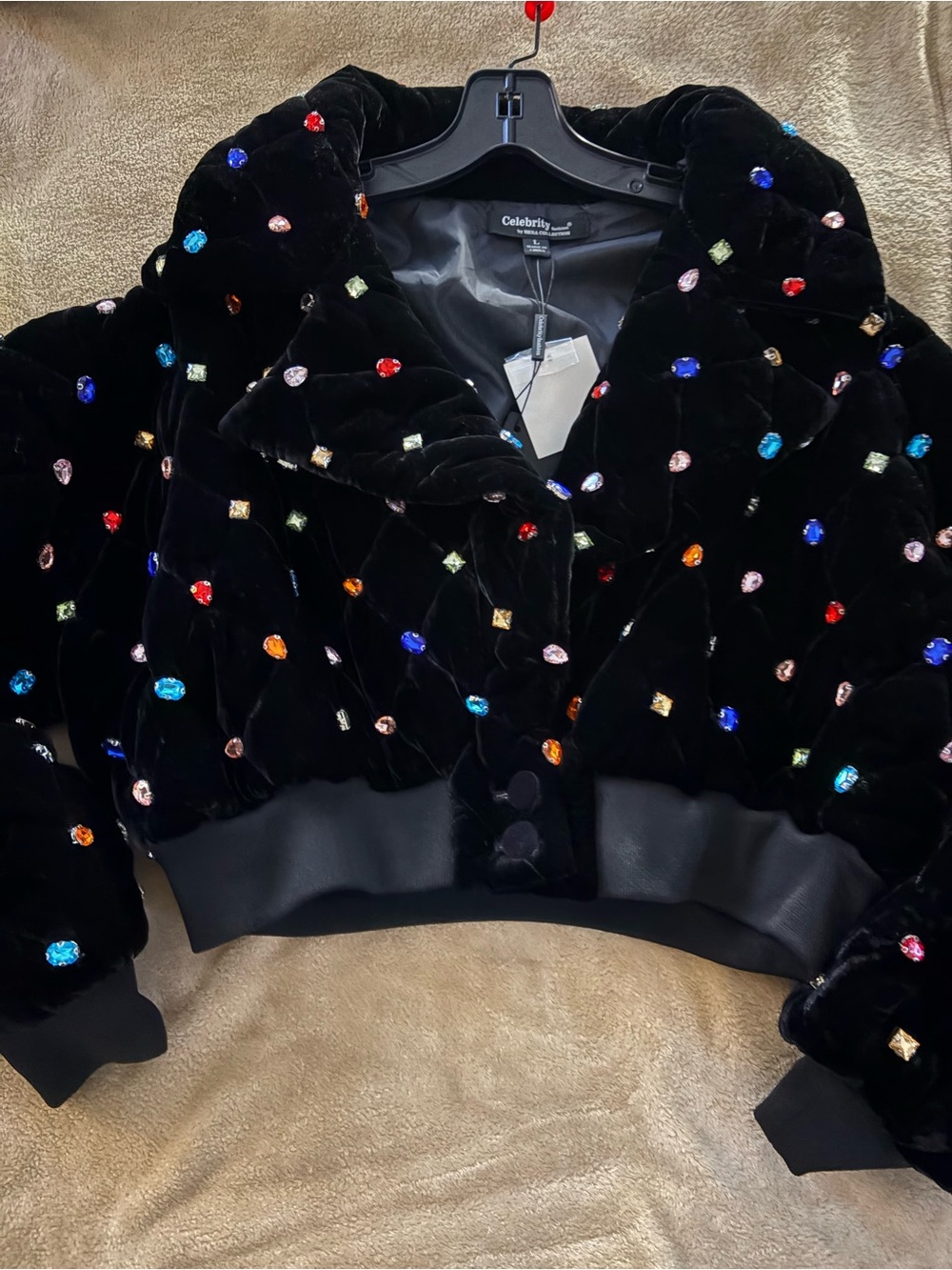 Celebrity Pink Black Velvet Jeweled Cropped Bomber Jacket